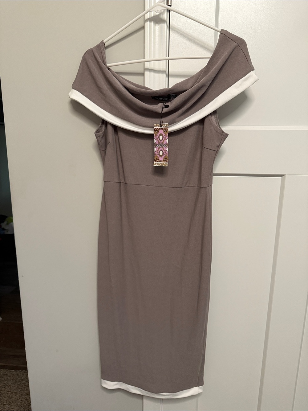 Boohoo Taupe One-Shoulder Dress with White Trim